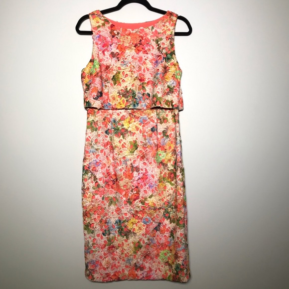 Badgley Mischka Floral Lace Sleeveless Popover Dress In Coral Multicolor Size 6 - Picture 2 of 8
